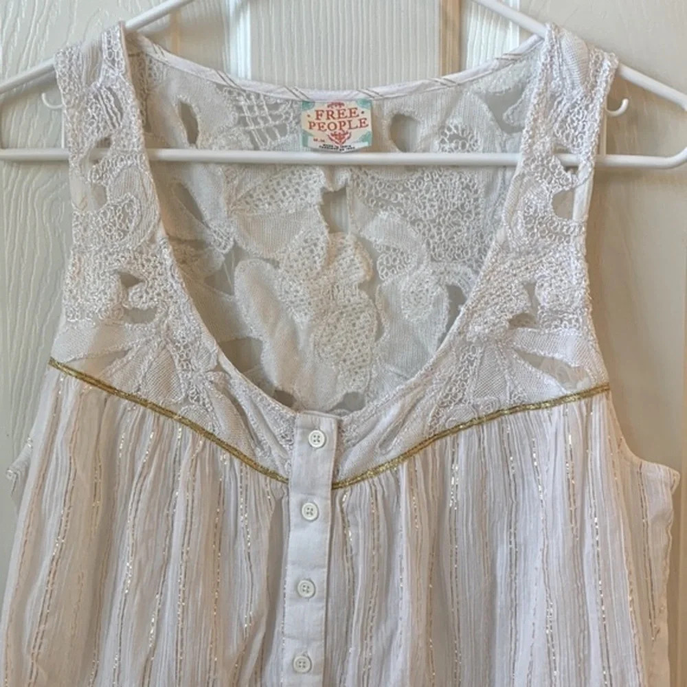Free People Golden Metallic Goddess front button Tunic Top Ivory gold Medium - Picture 2 of 9